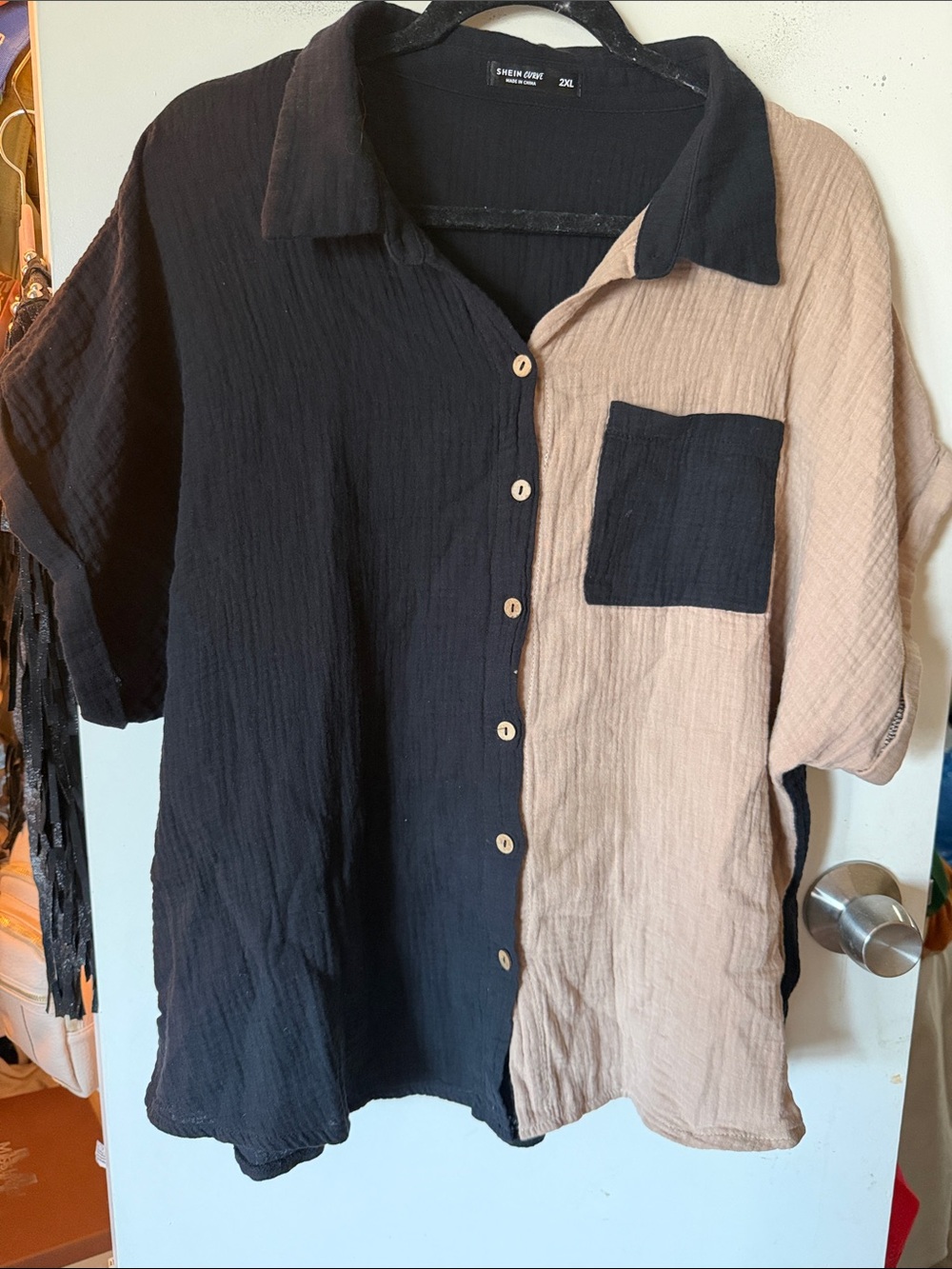SHEIN Two-Tone Black and Beige Button-Up Blouse
